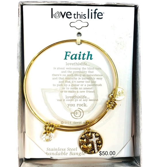 LOVE THIS LIFE Bracelet Bangle Faith Cross Crystal Charm Gold Tone - Picture 4 of 6
